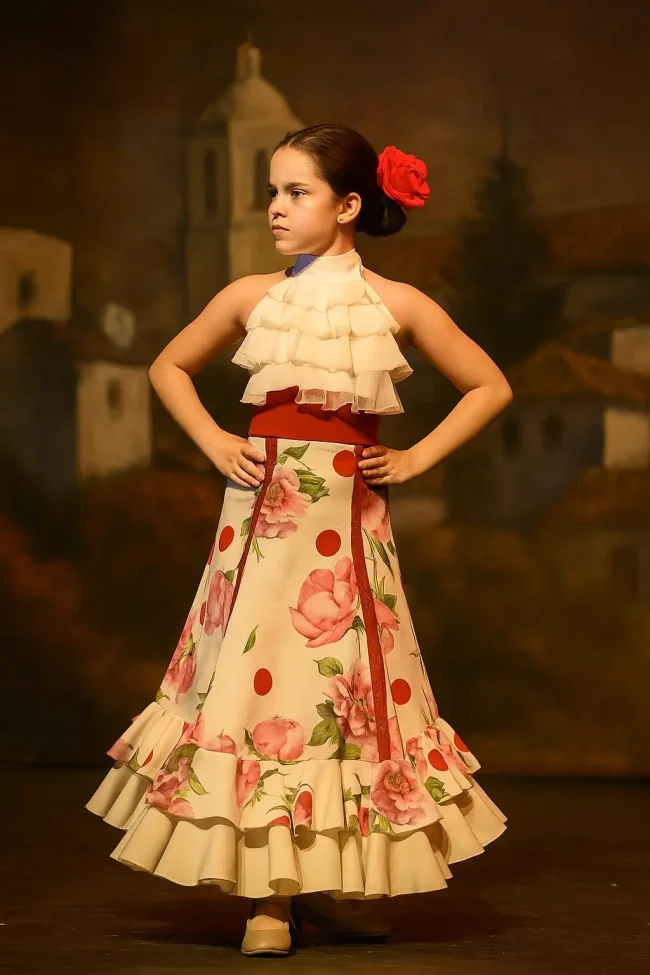Falda de Flamenco para Niña - Estilo Sirena-Floral con Puntos